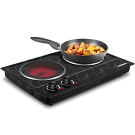 Hot Plate, CUSIMAX Double Burner Electric Hot Plate for Cooking, 1800W Dual Control Portable Stove Countertop Electric Burner Infrared Cooktop, Stainless Steel Black Marble