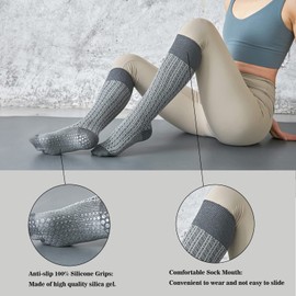 FOX-TECH Yoga Socks, Non Slip Socks Womens, Pilates Socks, Barre Socks, Hospital Socks, Yoga Socks with Grips 2 Pairs (Vertical Stripes (Beige/Gray))