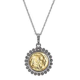 American Coin Treasures Gold Layered Buffalo Nickel Silvertone Blossom Pendant Necklace