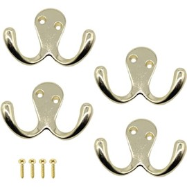 Double Prong Robe Hook Dual Coat Hooks with Screws Brass Double Robe Hook for Coats 55mm x 76mm Wall Mounted Hooks Robe Hooks Hangers for Hat Tie Clothes Coats Towel Pack of 4.