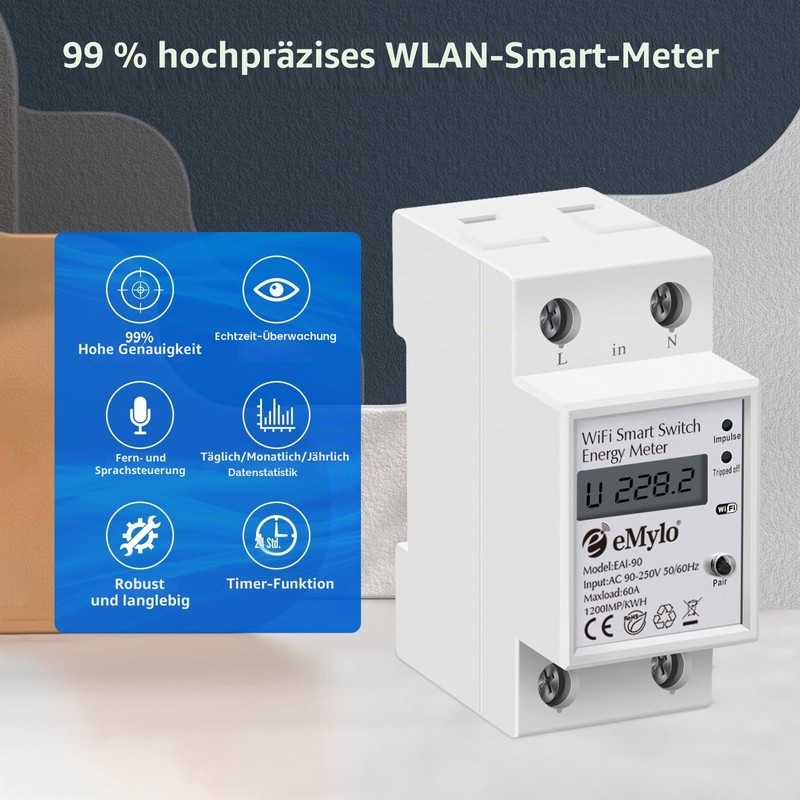 eMylo Smart WiFi Energy Meter, Single-Phase DIN Rails LCD Digital