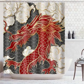 TERSUM Asian Dragon Shower Curtain, Japanese Dragon Totem Animal Curtain for Bathroom, Cloud Wave Aesthetic Curtain Decor Waterproof Polyester Fabric Shower Curtain Set with 10 Hooks 60x72in YLMYTE169