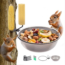 Squirrel Feeder Bowl (2L) Trees or Fences Mounted, Removable Squirrel Feeder with 2 Squirrel Corn Cob Spikes, Outdoor 8.8" Stainless Steel Feed Bowl with Drainage Holes, Easy to Clean/Refill(Black)