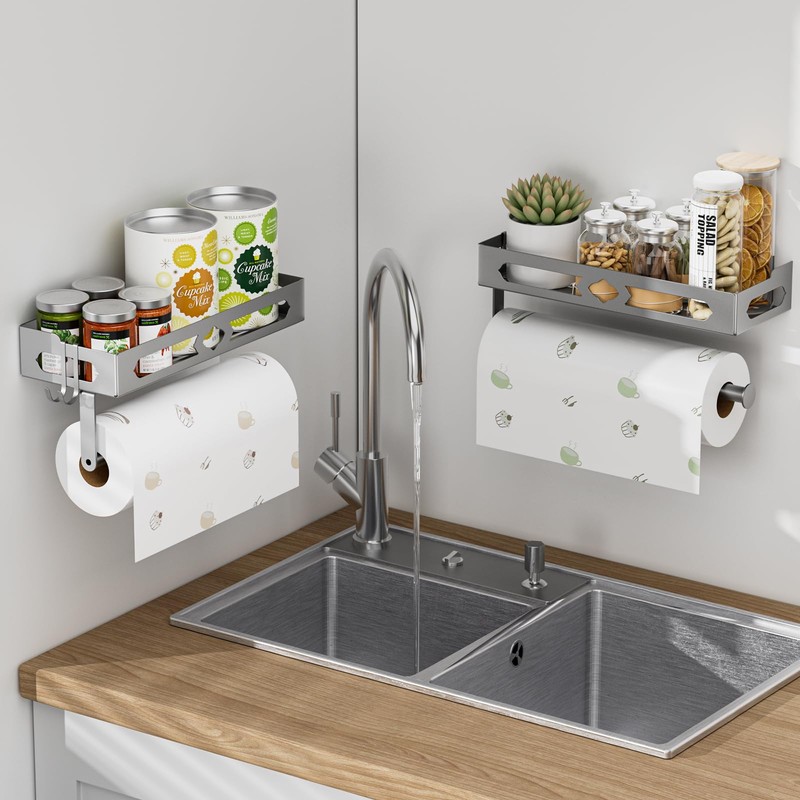 ZDDLOINP Spice Rack with Paper Towel Holder Roll and Hooks,