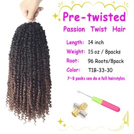 Bileaf Ombre Passion Twist Hair Pre Looped 14 Inch Passion Twist Crochet Hair for Black Women, Pre Twisted Boho Crochet Twist Braids for Black Women 1B-33-30 Soft Lightweight 8 Packs Hair Extensions