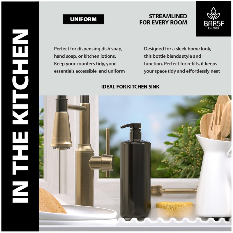Bar5F 1-Liter BPA-Free Black Pump Bottles – Refillable PET Plastic
