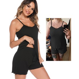 Vlazom Ladies Pyjamas Set, Soft 2 Piece Short Pjs Sweetness Cami Sets Summer Clothes for Women Adjustable Straps Top and Shorts Black,XL