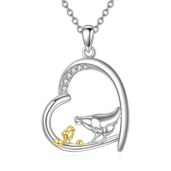 JERWL Chicken Necklace 925 Sterling Silver Love Heart Pendant Chicken