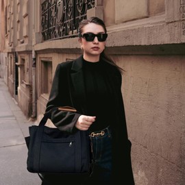 Vanlutone Canvas Tote Bag for Women Work Tote Multi-Pocket Messenger Bag with Zipper Compartments Shoulder Handbag for Women, Black, One Size