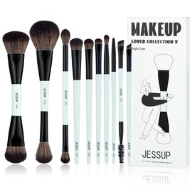 Jessup Professional 10 Piece Duo End Makeup Brush Set - Face & Eyes, Cosmetic Brushes for Foundation, Powder, Eyeshadow, Contour, Highlighter, Blush - Light Cyan T500