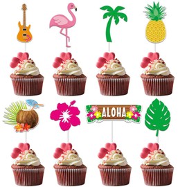 Morofme - 24 piezas de decoración tropical para cupcakes, diseño hawaiano, luau aloha, decoración de tartas, diseño de flamenco, piña, hojas de palma, flores de hibisco, decoración de pasteles para