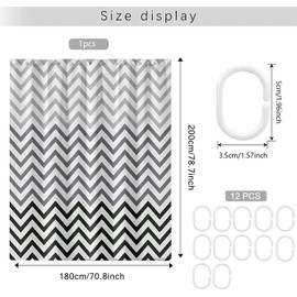 WOODFIB Shower Curtain, 100% PEVA Waterproof Anti-Mould Proof Resistant, Quick-Drying, Washable Bathroom Curtain, Includes 12 Pcs Curtain Hooks, 180 x 200 cm (Black Chevron)