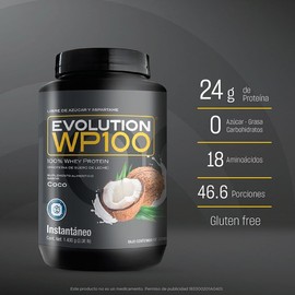 Proteína de suero de leche Evolution Nutraceutical WP100 sabor Coco Bote de 1400g