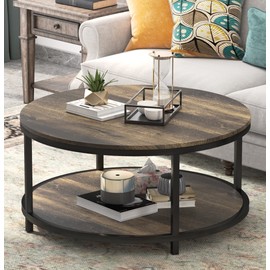 WiberWi Round Coffee Table 35.8" Rustic Vintage Industrial Design Furniture Sturdy Metal Frame Legs Sofa Table Cocktail Table with Storage Open Shelf for Living Room, Easy Assembly, Dark Brown