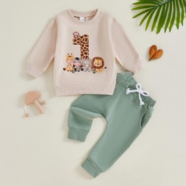 Nicoxijia Baby Boy Birthday Outfit One/Two Letter Embroidery Long Sleeve Sweatshirt Jogger Pants Set 1st 2nd Birthday Clothes (Beige, 6-12 Months)