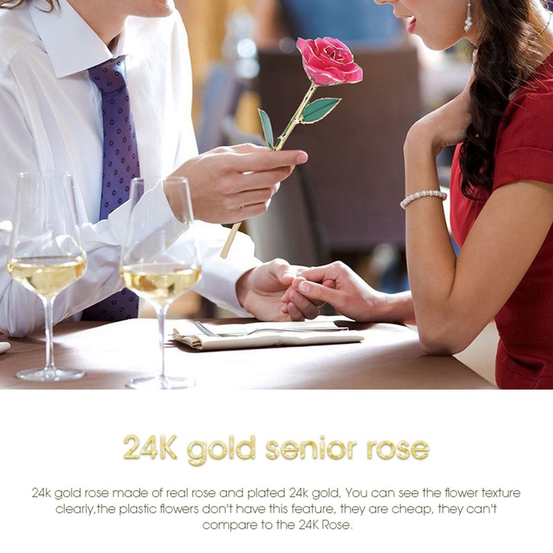 24K GoldPlated Rose Flower Pink Green Leaf for Valentine's Day