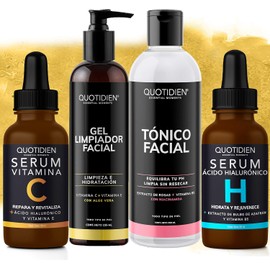 Kit 4 Pasos Quotidien: 1 Limpiador Facial 235 ml + 1 Tónico Facial 350 ml + 1 Serum Vitamina C 30ml + 1 Serum Ácido Hialurónico 30ml | Skincare Kit con Ingredientes Naturales - Limpia Profundamente, Equilibra el Ph, Cierra Poros, Aclara, Mejora la Textura