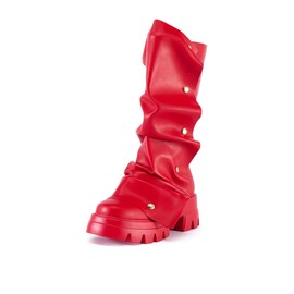 Atuelang Shark Boots for Women Slouchy Fold Over Mid Calf Platform Boots Ruched Detachable Snap Button Block Stacked Heel Lug Sole Round Toe Pull On Western Fall Fashion Boot Red Size 10