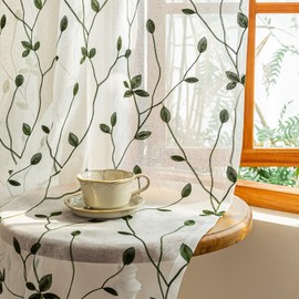 2 Panels Embroidered Leaf Pattern Semi Sheer Curtains Foliage Floral Voile Window Draperies Treatment for Bedroom Living Room Rod Pocket White Olive Green 53 x 84 Inch