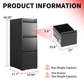 DARTIIA 3 Drawer Vertical File Cabinet with Lock, File Cabinet for Home Office, Locking Hanging for A4/ Legal/Letter(Require Assembly, Black)