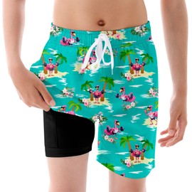 Boy Swim Trunks with Compression Kids Green Hawaiian Bathing Suits Bright Muscle Flamingo Swim Shorts 8T 9T Teen Quick Dry Beach Swimming Suits