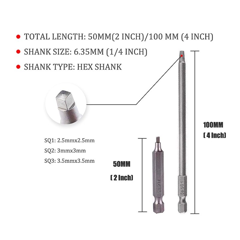 Magnetic Square Head Screwdriver Bits Set with 1/4 Inch Hex