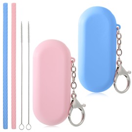 2 Sets Silicone Reusable Straws with Case, Portable Travel Straw with 2 Cleaning Brushes Foldable Drinking Straws for Travel Party Cruise Ship (Pink and Blue)