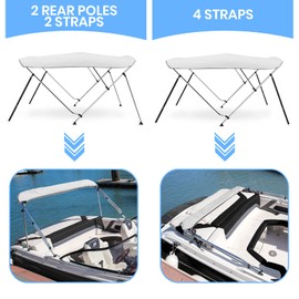 Leader Accessories 3 Bow White 6'L x 46" H x 61"-66" W Bimini Top Boat Cover Includes 4 Straps 2 Rear Support Poles Mounting Hardwares Storage Boot with 1" Aluminum Frame