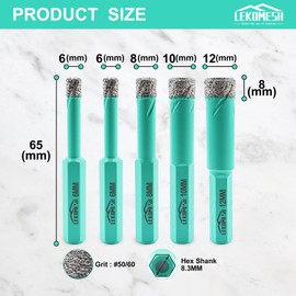 LEKOMESH Diamond Core Drill Bits Tile Hole Saw Cutter 6/6/8/10/12MM HEX Shank Dry Drilling for Porcelain Ceramic Tile Granite Marble Stone Vacuum Brazed Diamond Drill Bits