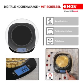 EMOS EV025 Küchenwaage mit Schüssel/Digitalwaage mit beleuchtetem LCDDisplay/Tara-Funktion/Nahrungsmittelskala/ElektronischeWaage/Präzisionbiszu1g/Tragkraft5kg,Schwarz,22,3x19,8x2cm