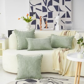 Home Brilliant Cushion Covers Green, Sage Green Cushion Covers 60cm x 60cm, Cute Large Corduroy Cushion Cover with Pom Poms, 24 Inch, 2 Pcs, Sage Green