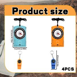 4 Pcs Multifunctional Compass and Hiking Whistle Set, Compass Navigation, Camping Whistle with Key Ring, Compasses for Map Reading, Navigation, Hiking, Camping, Survival Situations (Orange and Blue)