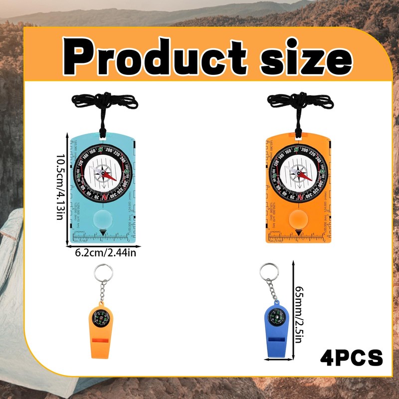 4 Pcs Multifunctional Compass and Hiking Whistle Set, Compass Navigation,