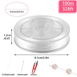 Deepton Waxed Cord for Bracelets, 0.4 mm x 100 m Bracelet Cord, Bead Cord with Scissors, Crochet Hook and Needle, Thread for Bracelets, Jewellery Making, DIY Crafts (White)