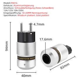 P081R 1 Pair Hi-End Rhodium-Plated Schuko Plug AC 16A 250V EU Power Plug, Euro Plug 2-Pin IEC C15 Plug, HiFi Aluminium Cold Device Plug for DIY Audiophile Power Cable (Rhodinated, P081)