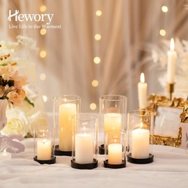 Hewory Hurricane Candle Holder for Pillar Candles: Black Votive Candle Holders Set of 12, Glass Hurricane with Metal Candle Plate, Pillar Candle Holder for Table Centerpiece Wedding Holiday Home Decor