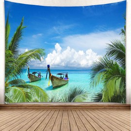 YISURE Tropical Palm Leaf Coconut Trees Tapestry Large Nature Landscape Wall Hanging, Blue Sky Ocean Boat Tapestry for Bedroom Decor Birthday Party Celebration or Garden Backdrop 230x180cm/90X70Inch