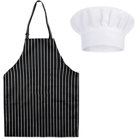 DGHOME Apron and Chef Hat Set, Chef Outfit Adult, Adjustable Bib Apron Anti-Fouling with Pockets Black and White Striped Halter Apron for Unisex Suitable for Home Kitchen, Gardening, Cafes House