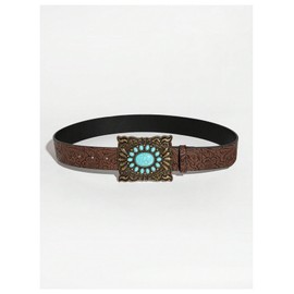 GORGLITTER Women's Boho Floral Embossed Belt Turquoise Square Buckle Vintage Leather Belt, Brown Square Buckle, suit waist size:37.4-41.3"