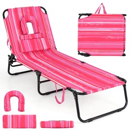 Giantex Tanning Chair, 350lbs Adjustable Patio Lounge Chair w/Face Hole, Removable Pillows, Carry Strap, Folding, Outdoor Chaise Lounge for Layout Beach Poolside Lawn (1, Stripe Pink)