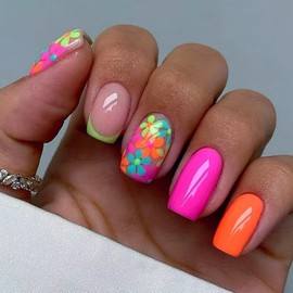Flower Press on Nails Colorful Short Square Fake Nails with French tips Design Spring Nails Press Ons Pink Yellow Orange False Nails Full Cover Glossy Reusable Summer Nail for Women Manicure 24pcs