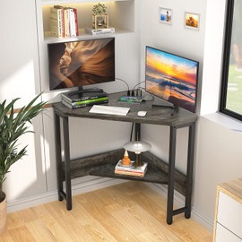 armocity armocity Corner Desk Small Desk with Outlets Corner Table for Small Space, Corner Computer Desk with USB Ports Triangle Desk with Storage for Home Office, Workstation, Living Room, Bedroom, Oak