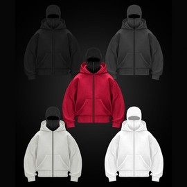 Trendy Crossover Balaclava Hooded Zip-up Sweatshirt lf1177 Free Size/S Black 3ea