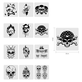BENECREAT 12PCS Skull Pattern Plastic Drawing Templates, 12x12 Inch Horror Thriller Theme Painting Stencil for Scrabooking Card Making, DIY Wall Floor Decoration