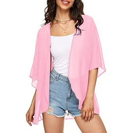 Women's Solid Puff Sleeve Kimono Cardigan Loose Cover Up Casual Blouse Top Chiffon Light Pink L