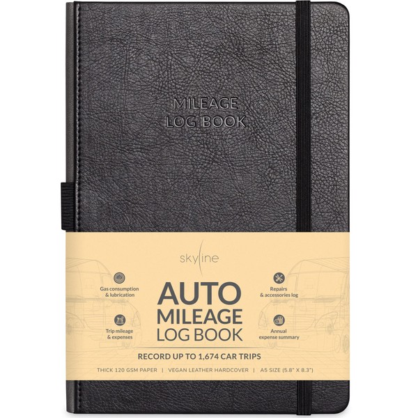 Skyline Auto Mileage Log Book – Vehicle Logbook with Expense Tracker – Driving Logger Book for Tracking Car Mileage, Expenses, Gas Consumption & Lubrication – Hardcover, A5 Size, 5.8x8.3″ (Black)