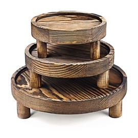 JZCHBL Wood Display Riser Set, 3 Piece Decorative Pedestal Stand, 8/6/5 Inch, Rustic Brown