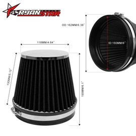 RYANSTAR 152mm 6" High Flow Round Tapered Cone Closed-Top Washable Clamp-On Dry Air Filter Short 155mm Tall Black