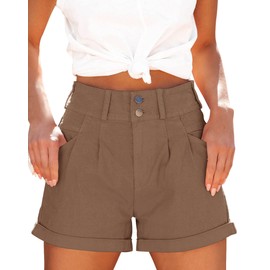 Hilltichu Womens Relaxed Fit Casual High Waist Pocketed Denim Running Shorts, Medium, Brown