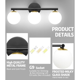 Bathroom Vanity lights, Mid-Century Modern Black and Gold Bathroom Light Fixtures, 3-Light Gold Bathroom Lights Over Mirror, Dimmable Wall Sconces Wall Light Fixture with Frosted Milk Globe Glass